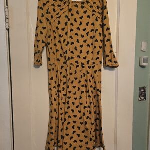 Unique Vintage Mustard Yellow Dress with Black Heart Print
